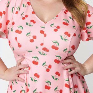 Unique Vintage Plus Size Pink & Cherry Print Poppy Fit & Flare Dress - 4X/22-24